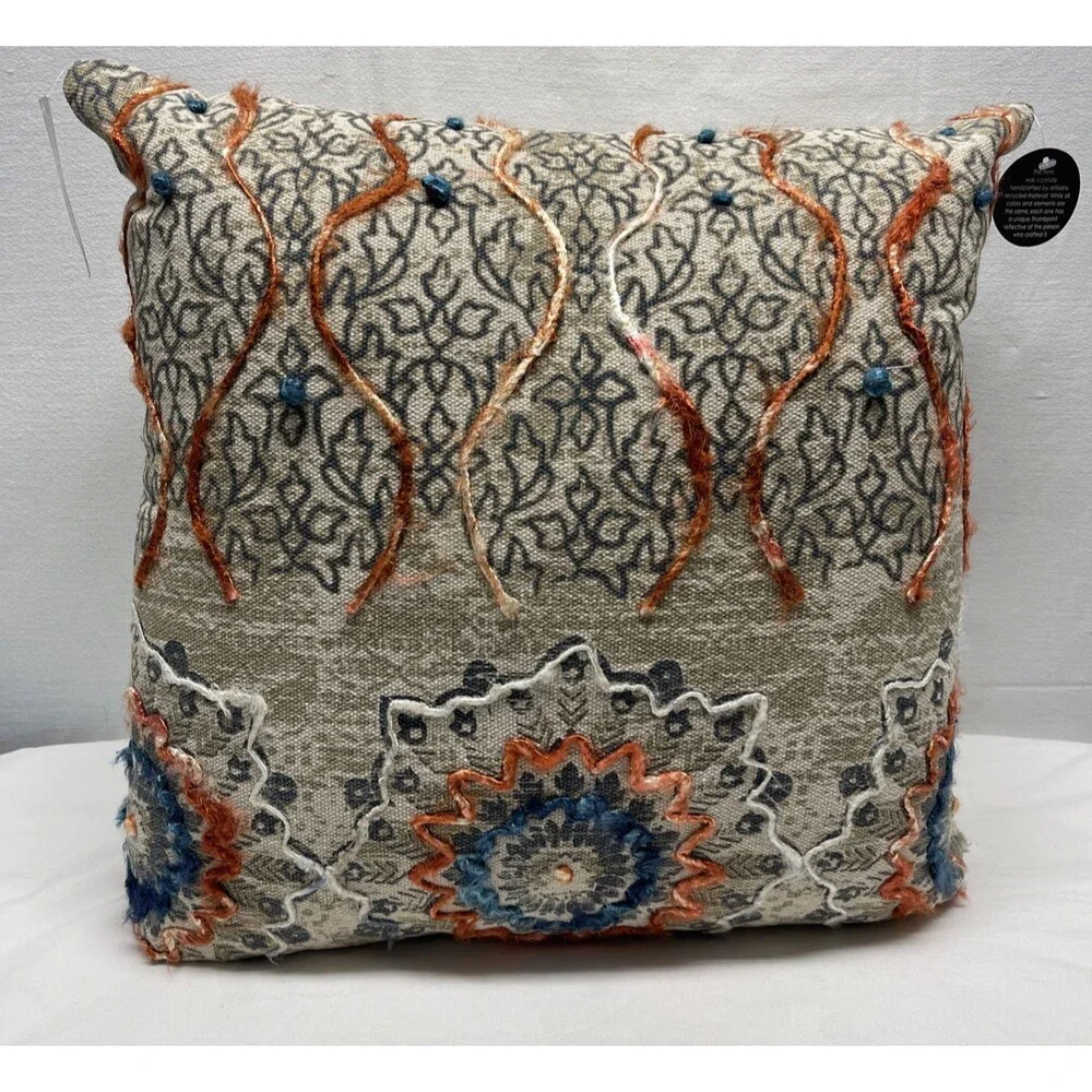 Rizzy Home Hand Crafted Medallion Decorative Pillow Natural Blue Rust New w/Tags
